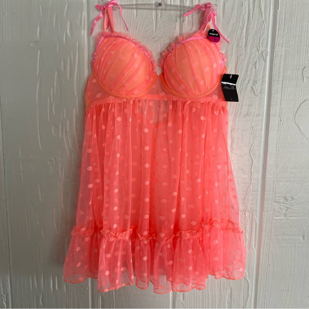 Polka Dot Orange Babydoll Lingerie Large Built in Bra